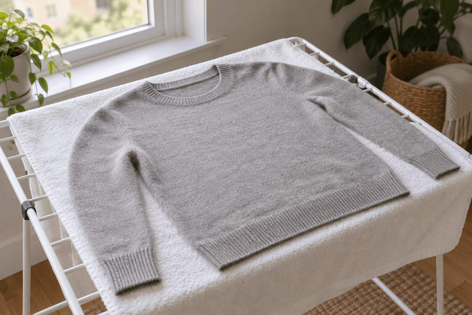 Light gray cashmere sweater reshaped flat on a white towel near a softly lit window