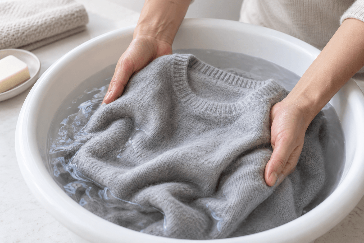 Hands gently supporting a light gray cashmere sweater in a basin of clear water