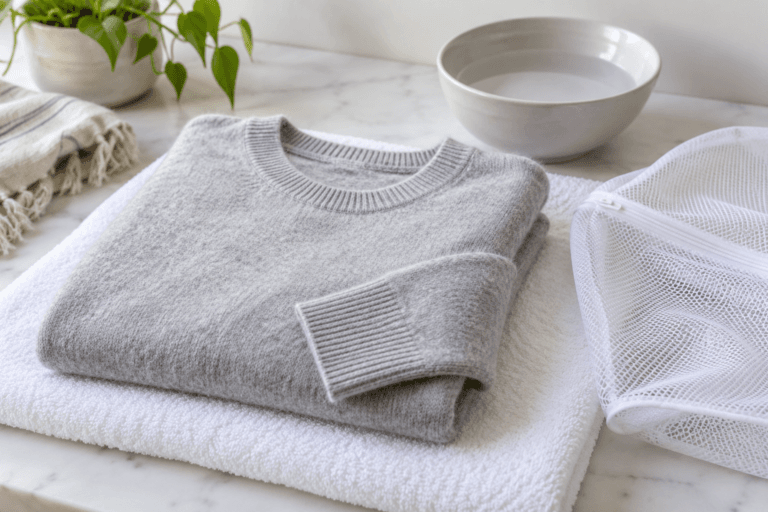 Light gray cashmere sweater folded on a white towel beside a mesh laundry bag.