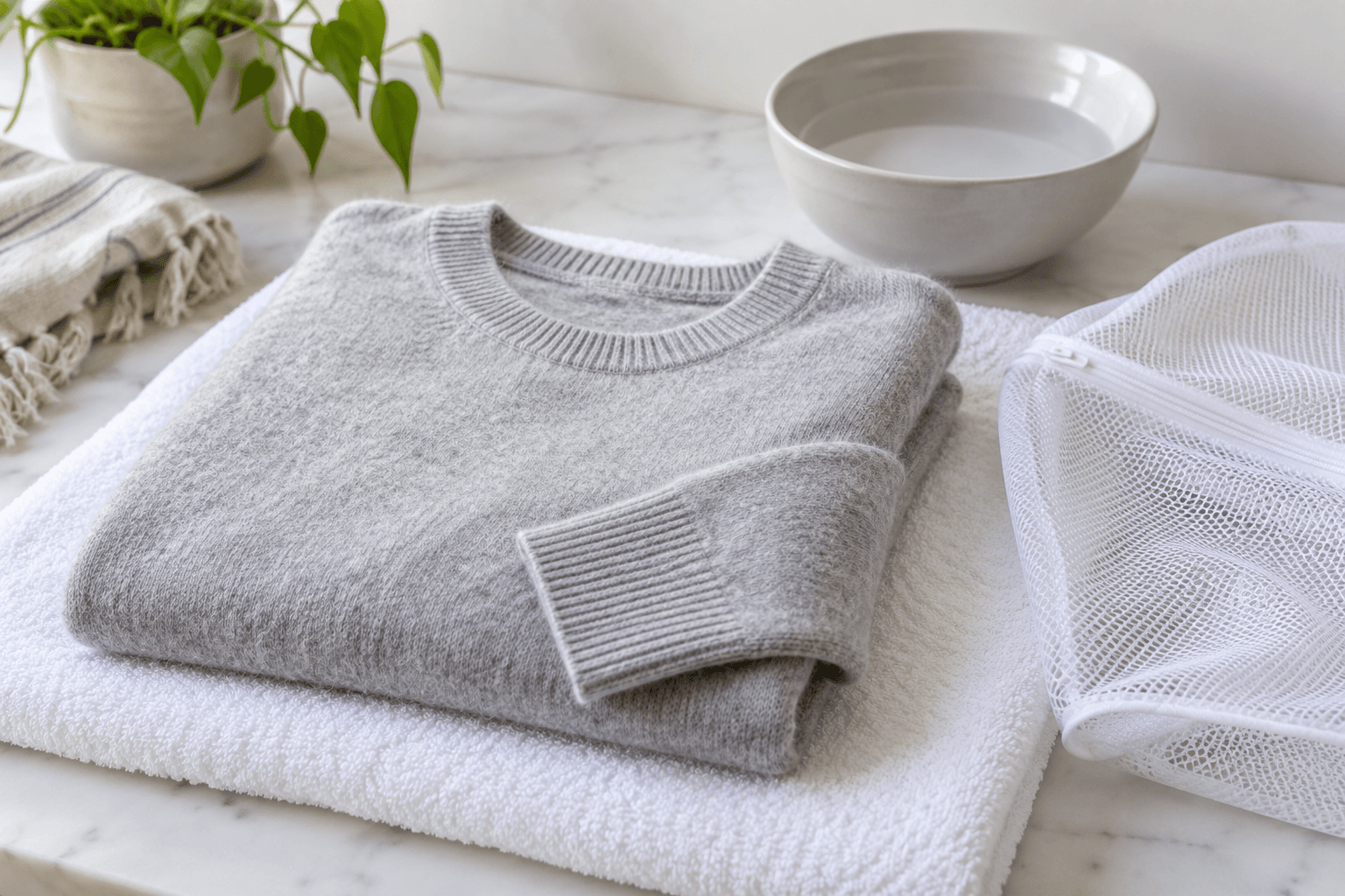 Light gray cashmere sweater folded on a white towel beside a mesh laundry bag.