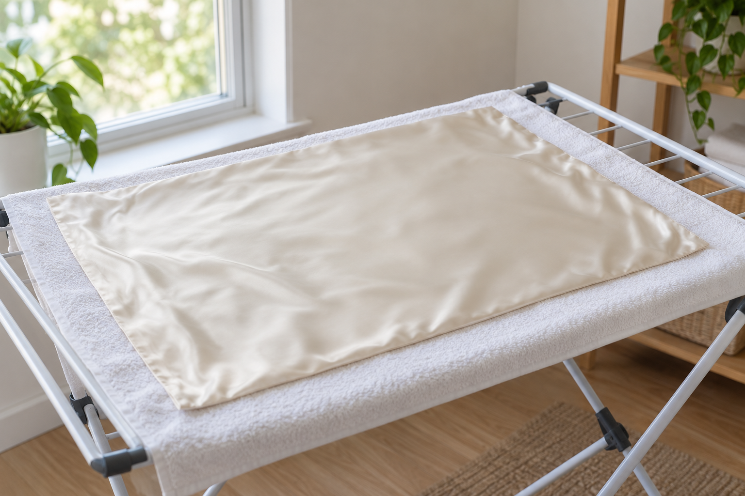 Ivory silk pillowcase laid flat on a white towel over a drying rack