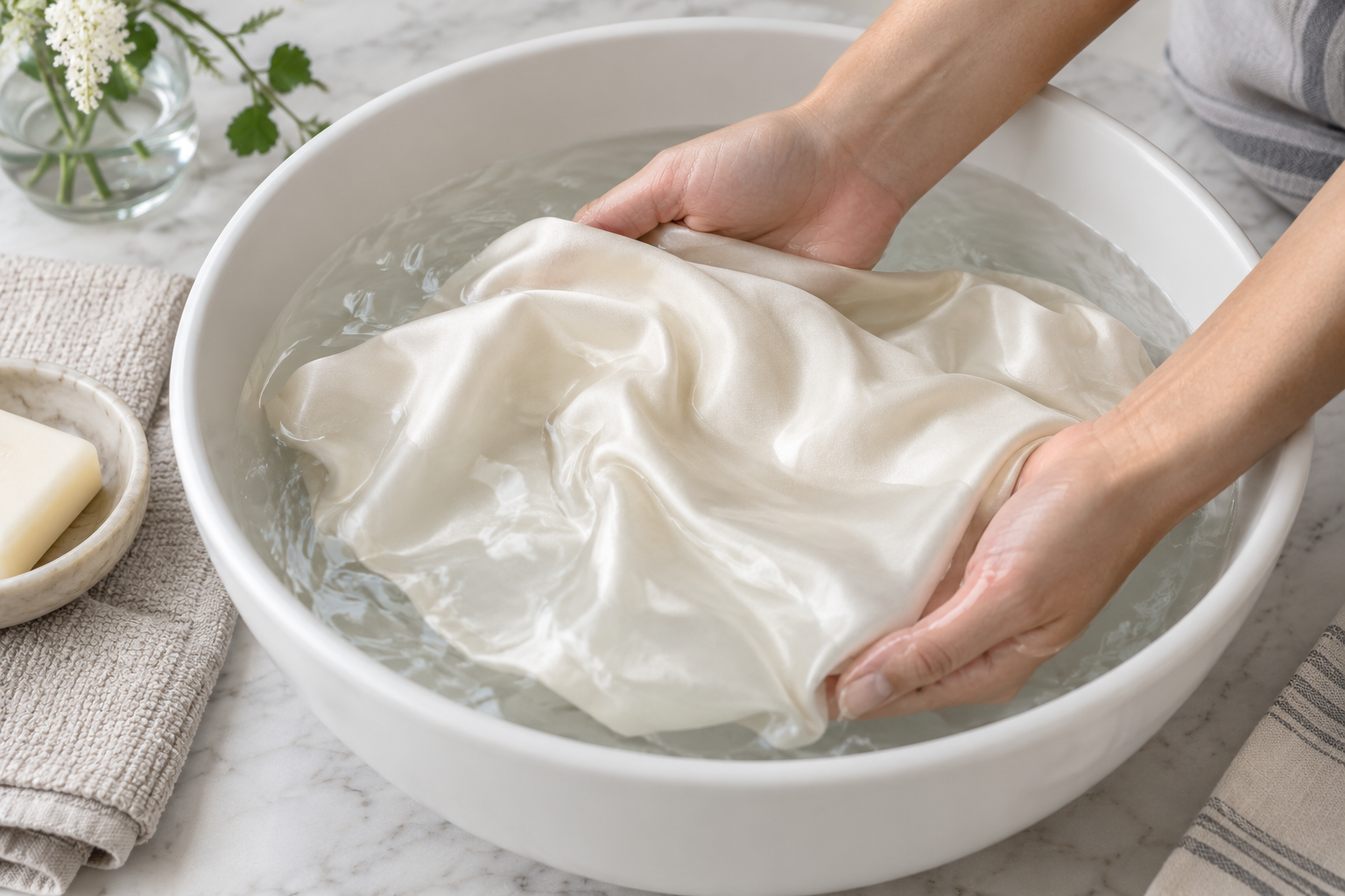 Hands supporting an ivory silk pillowcase in a white basin of water