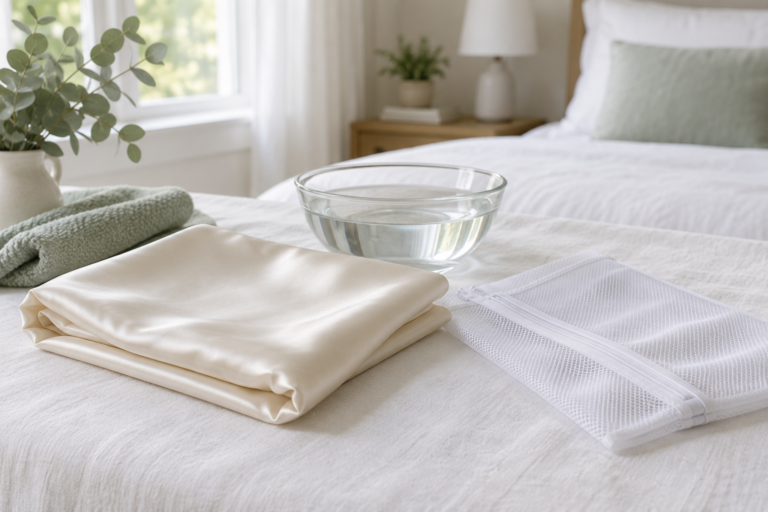 Ivory silk pillowcase folded beside a mesh laundry bag and a bowl of water