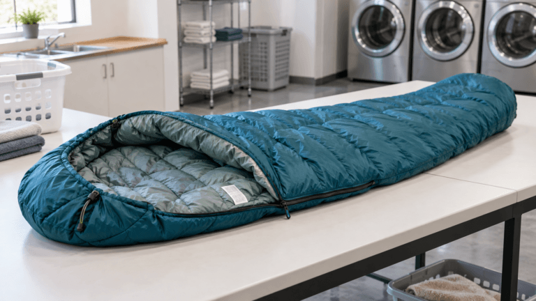A clean sleeping bag opened on a folding table in a generic laundry room.