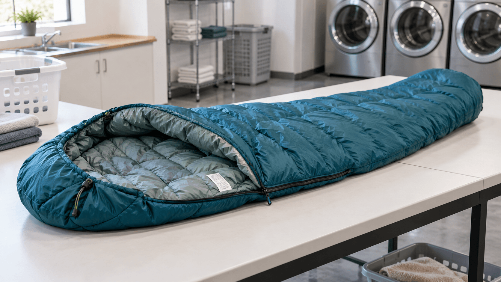 A clean sleeping bag opened on a folding table in a generic laundry room.