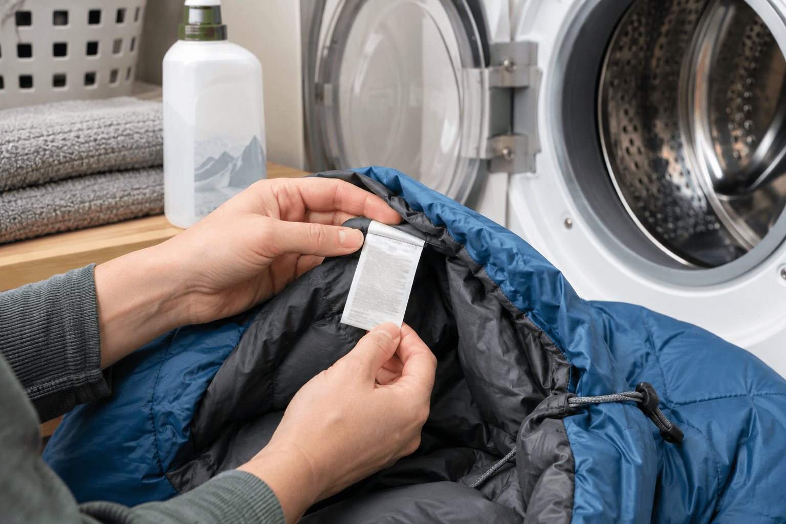 A person checks a sleeping bag care label before washing it near a front-load washer.