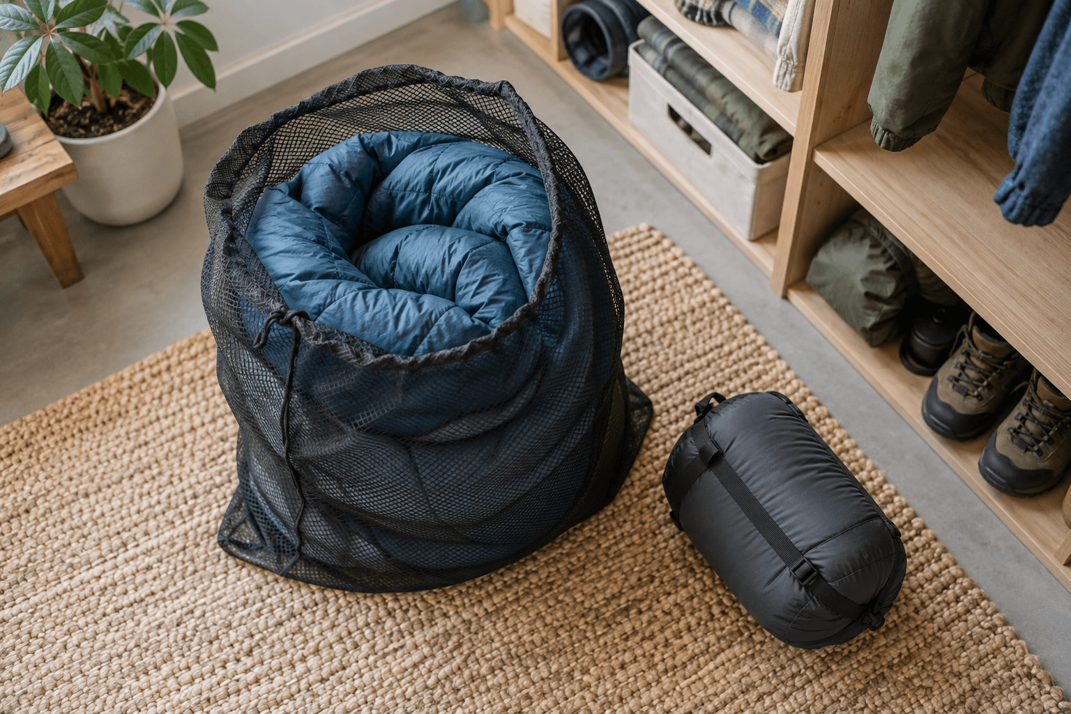 A sleeping bag stored loose in a large breathable mesh sack, with a compact travel stuff sack placed separately.